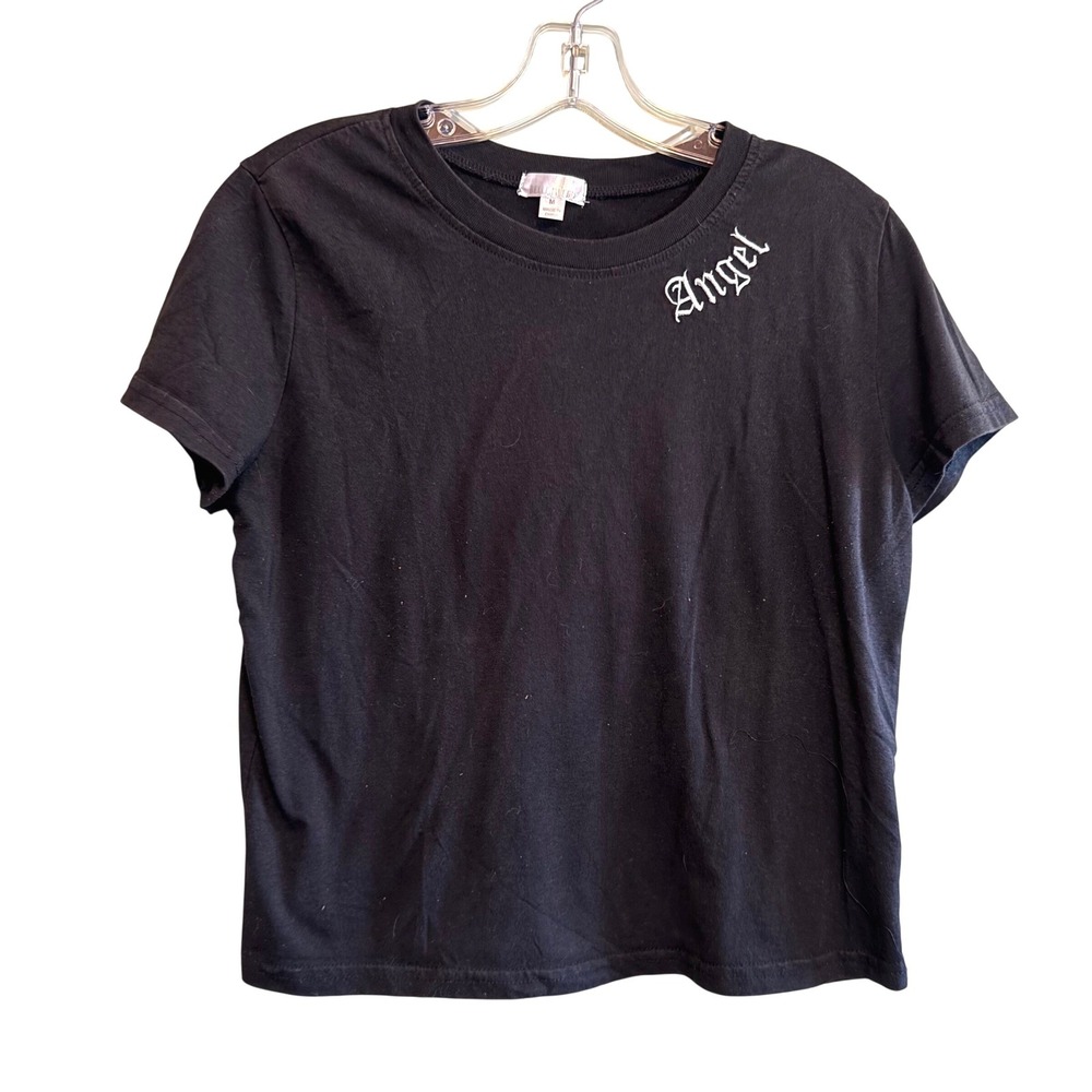 Belle Tweed Womens Angel Embroidered Gothic Grunge Short Sleeve Tee Black Medium